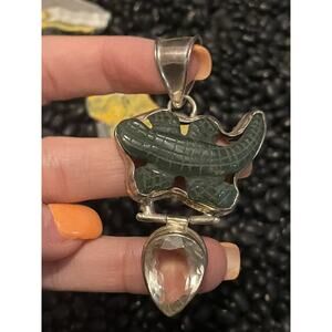 🦎Sterling Silver Carved Green Stone Lizard Gecko Reptile Pendant Dragon